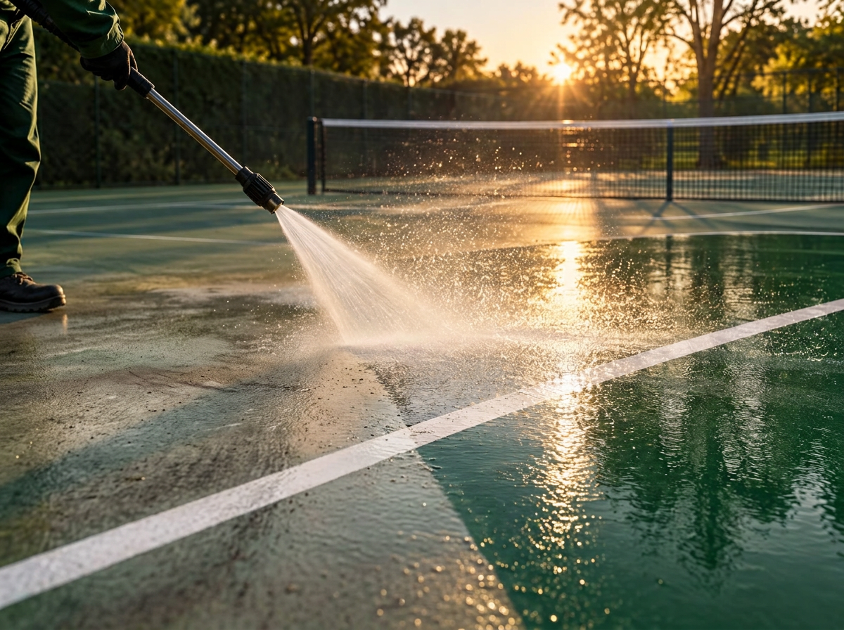 A pressure washer lifting dirt, algae and weather film off a hard acrylic court while the low sun backlights the spray